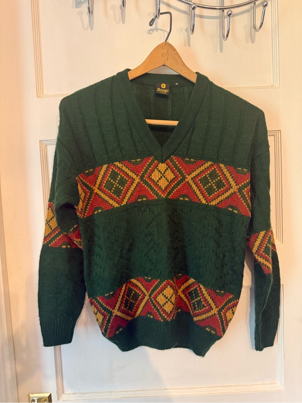 Vintage Amogie Forest Green V-Neck Geometric Argyle Patterned Retro Sweater